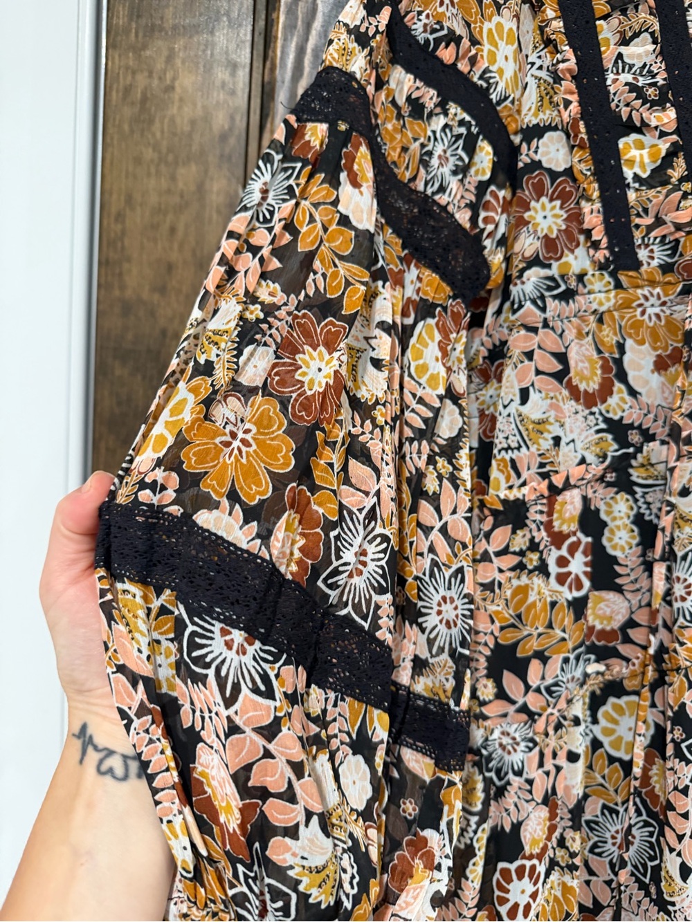 Free People Black Floral Midi Dress with Mustard & Blush Accents - Picture 3 of 4